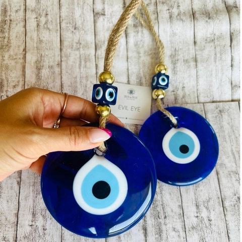 Blue Glass Evil Eye Wall Hanging Decor Nazar Lucky Amulet Home Ornament With Jute Rope Golden Beads For Car Office Living Room