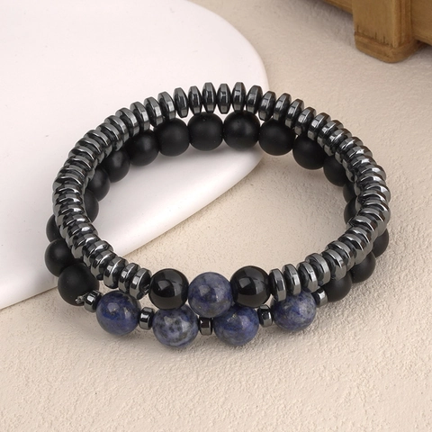Men Retro Alloy Beaded Bracelet Set Natural Stone Hematite Map Stone Tiger Eye Lapis Lazuli Elastic Bracelet Jewelry