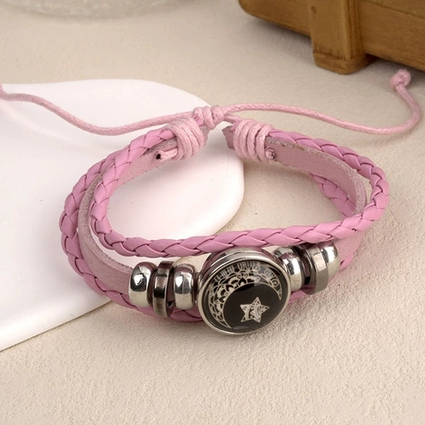 Vintage Lichtgevende Gevlochten Armband Kunstleer Zinklegering Zon Maan Glas Koepel Meerlaagse Handgemaakte Armband Voor Stellen Dames Heren