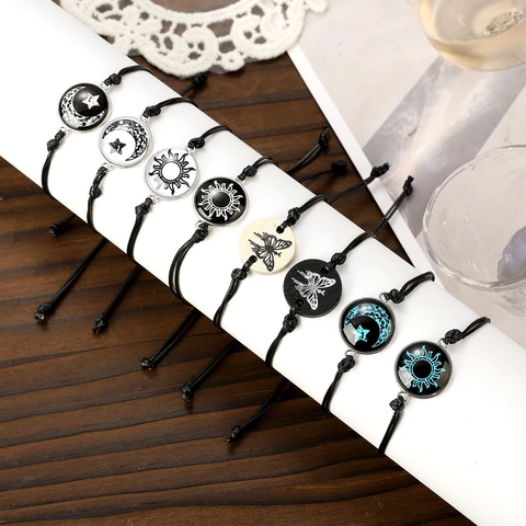 Handmade Braided Wax Cord Luminous Couple Bracelet Set Alloy Glass Sun Moon Star Heart Time Gem Pendant Adjustable Bracelet For Lovers Gift
