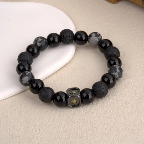 Handgefertigtes Vulkanstein-Perlenarmband Für Herren Naturstein Edelstahl-Akzente Vintage Minimalistisches Elastisches Armband Modeschmuck Geschenk