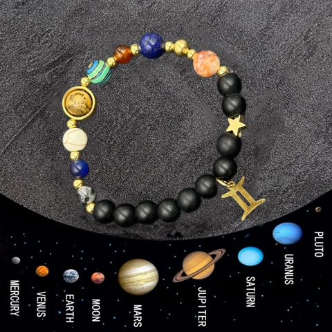 Solar System Planets Twelve Zodiac Signs Handmade Natural Stone Beaded Bracelet Unisex Galaxy Cosmic Healing Jewelry Gift
