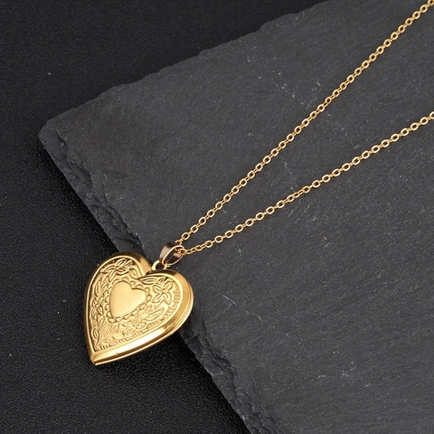 Vintage Stainless Steel Openable Locket Necklace Floral Heart Pattern Photo Frame Pendant Gold Silver Necklace Jewelry For Women