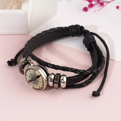 Vintage Meerlagig Gevlochten Kunstleer Armband Voor Heren Kompas Kruis Maagd Hanger Verstelbaar Wastoestel Punk Armband Sieraden