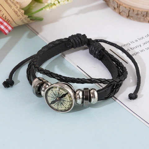 Vintage Meerlagig Gevlochten Kunstleer Armband Voor Heren Kompas Kruis Maagd Hanger Verstelbaar Wastoestel Punk Armband Sieraden