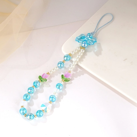 Handmade Resin Beaded Phone Lanyard With Artificial Pearl Sweet Bowknot Flower Wrist Strap For Women Girls Phone Charm