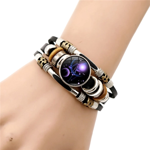 Bracciale in Pelle Artificiale Multistrato Fatto a Mano Retro Zodiaco Per Uomo Donna Bracciale Punk Intrecciato Gioielli in Lega di Zinco Legno Vetro