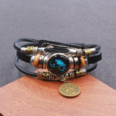 Bracciale in Pelle Artificiale Multistrato Fatto a Mano Retro Zodiaco Per Uomo Donna Bracciale Punk Intrecciato Gioielli in Lega di Zinco Legno Vetro