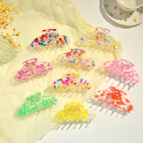 Grande Molla per Capelli in Acrilico per Donna Stampa di Fiori Cuore Stella Smiley Trasparente Pinza a Squalo Accessori Moda
