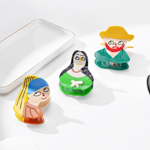 Kreative Acetat Haarklammer Berühmte Gemälde Kunst Inspiriert Van Gogh Mona Lisa Mädchen Künstliche Perlenohrring Haarschmuck