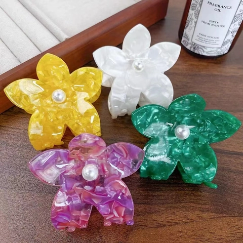 Mollette per Capelli a Fiore in Acetato Con Finta Perla Artificial Texture Marmo Grandi Granchi per Capelli Stile Coreano Dolce Fermaglio per Donna Festa Accessori Capelli