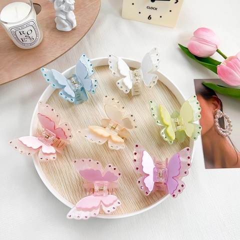 Elegant Acrylic Butterfly Hair Claw Clip With Rhinestones Iridescent Double Layer Hair Clip For Women Fashion Hair Accessories