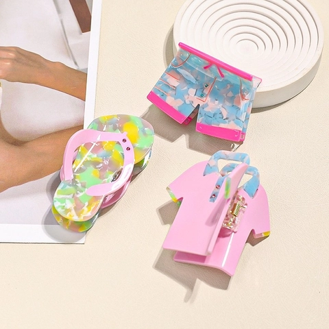 Sommer Acetat Haarklammern Kreative T-Shirt Shorts Flip-Flops Form Marmormuster Haargreifer Für Damen Haarschmuck