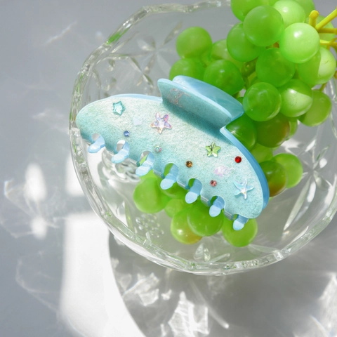 Vintage Ocean Blue Acetate Hair Claw Clip Painted Rhinestone Star Glitter Shark Clip Sweet Updo Hair Accessory For Women