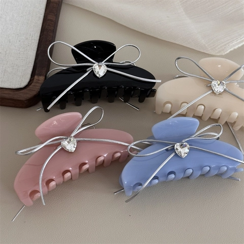 Acetate Hair Claw Clip Sweet Ribbon Bow With Heart Zirconia Elegant Shark Hair Clip Accessory For Women Daily Hair Styling