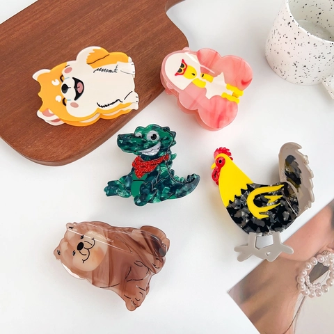 Pinces à Cheveux Mignonnes en Acétate d'Animaux Shiba Inu Coq Chow Chow Faites à la Main Grandes Pinces à Cheveux pour Femmes Accessoires