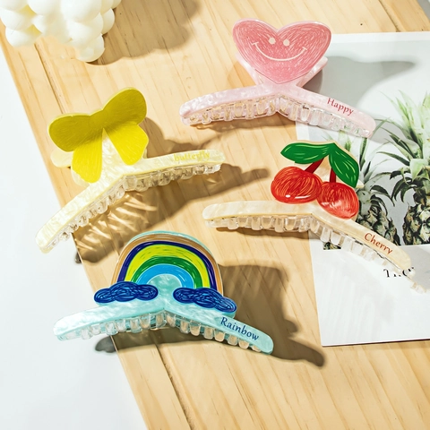 Acrylic Large Hair Claw Clip Handmade Cherry Rainbow Heart Butterfly Pattern Printed Marble Shark Clip For Women Hair Accessory