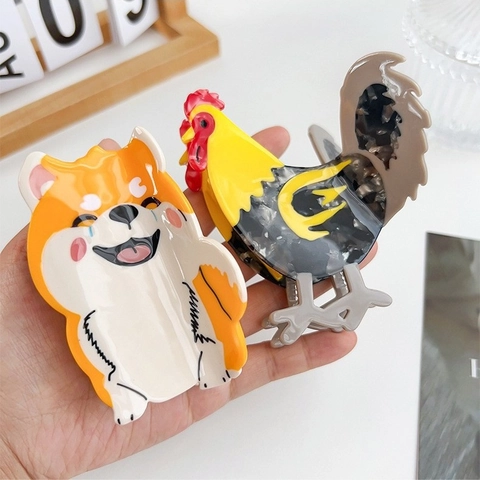 Pinces à Cheveux Mignonnes en Acétate d'Animaux Shiba Inu Coq Chow Chow Faites à la Main Grandes Pinces à Cheveux pour Femmes Accessoires