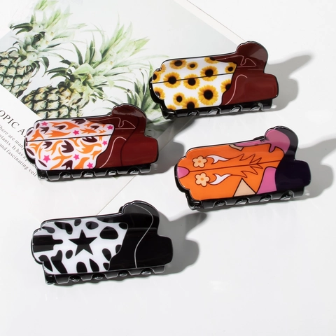 Creative Cowboy Boot Shaped Hair Claw Clip PVC Floral Cow Print Large Hair Clamp Fashion Hair Accessories For Women Girls
