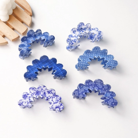 Pinza Per Capelli Blu Stampata Da Donna In PVC Con Bordi Ondulati Grande Fermaglio Per Capelli Alla Moda Floreale Pois Griglia Accessori Per Capelli Lunghi
