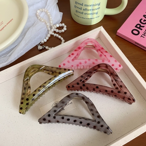 Grande Pinza per Capelli a Triangolo con Pois per Donna Capelli Folti Resina Acrilica Stile Francese Shark Clip Retro Accessorio