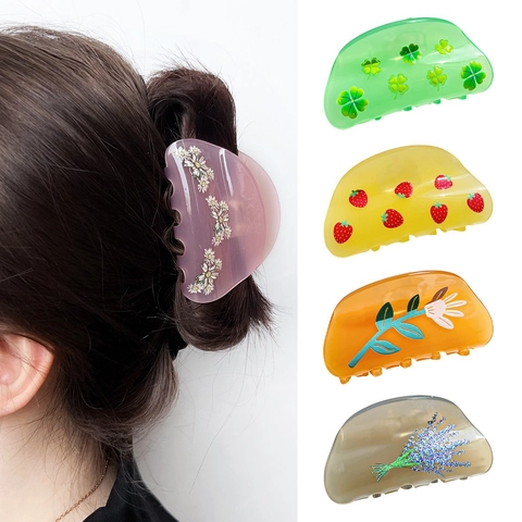 French Vintage Floral Print Acrylic Hair Claw Clip Large Translucent Shark Hair Clip For Women Daily Hair Accessories