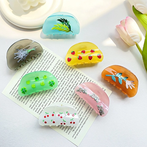 French Vintage Floral Print Acrylic Hair Claw Clip Large Translucent Shark Hair Clip For Women Daily Hair Accessories
