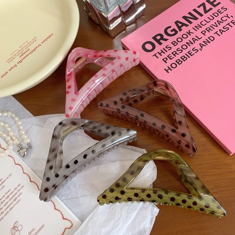 Grande Pinza per Capelli a Triangolo con Pois per Donna Capelli Folti Resina Acrilica Stile Francese Shark Clip Retro Accessorio