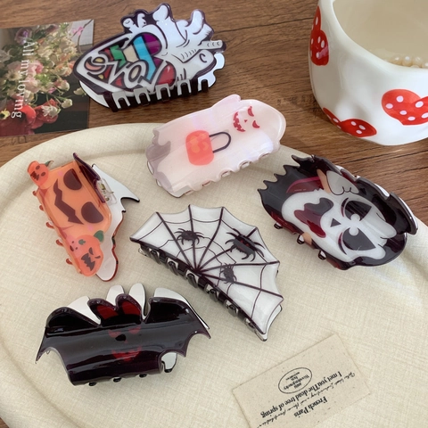 Pinzas para el Cabello de Halloween de Acrílico Fantasma Calabaza Murciélago Telaraña Corazón Accesorios para el Cabello para Mujer Joyería de Fiesta