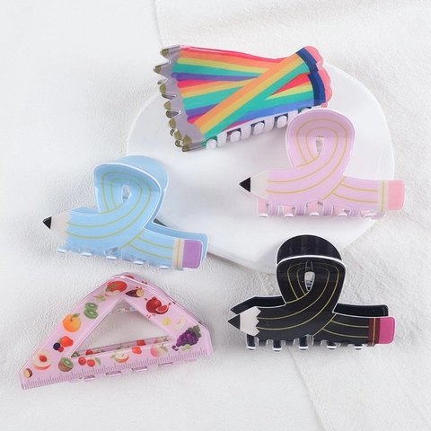 Kreative Schreibwaren Haarklammer Bleistift Dreiecklineal Fruchtmuster Acryl Haar Haifisch Clips Für Damen Accessoires