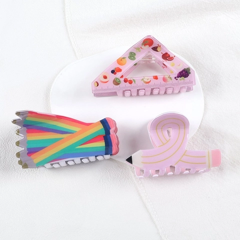 Kreative Schreibwaren Haarklammer Bleistift Dreiecklineal Fruchtmuster Acryl Haar Haifisch Clips Für Damen Accessoires