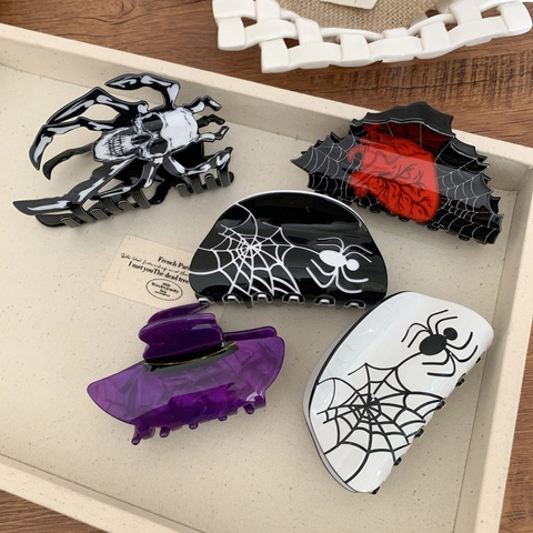 Halloween Gothic Acryl Haarkralle Clips Skelett Spinnennetz Herz Hexenhut Dunkle Ästhetik Haarschmuck Für Damen Party
