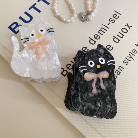 Carino Gatto Forma Acetato Pinza per Capelli per Donna Ragazze Motivo Marmo Clip a Squalo Con Fiocco Rosa Accessori per Capelli