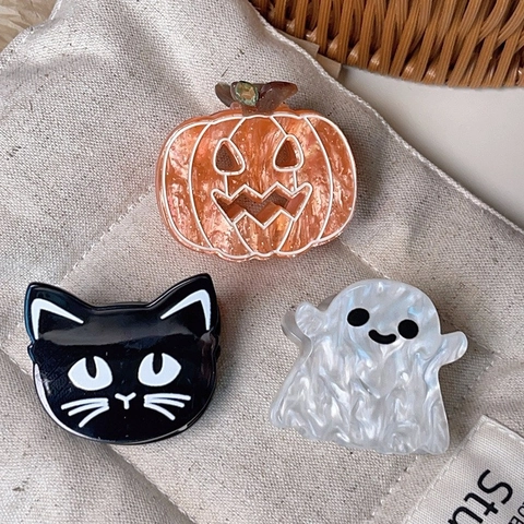 Halloween Acrylic Hair Claw Clips Pumpkin Ghost Black Cat Pattern Pearly Luster Festive Hair Accessories For Women