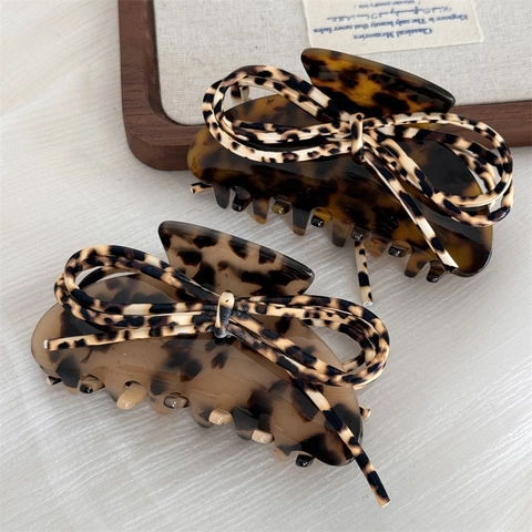 Vintage Acetate Tortoise Shell Hair Claw Clip Elegant Leopard Bow Large Shark Clip For Women Daily Hair Styling Accessory