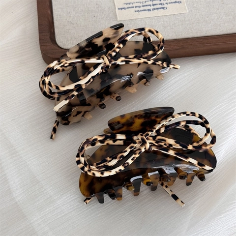 Vintage Acetate Tortoise Shell Hair Claw Clip Elegant Leopard Bow Large Shark Clip For Women Daily Hair Styling Accessory