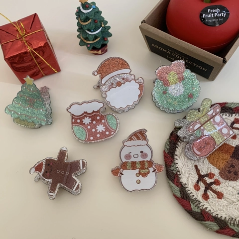 Pince à Cheveux de Noël Mignonne en Acrylique pour Femmes Enfants Pailleté Père Noël Bonhomme de Neige Bijoux de Cheveux