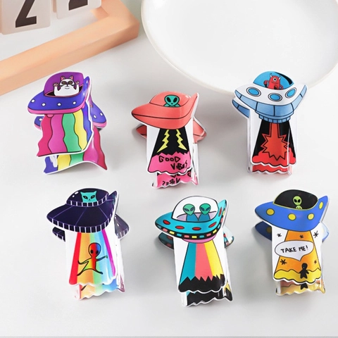 Cartoon Alien UFO Haarklammer Für Damen Kreative PVC Haarkrebs Regenbogen Katze Haarschmuck Für Dickes Haar