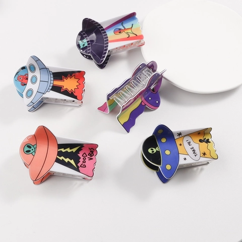 Cartoon Alien UFO Haarklammer Für Damen Kreative PVC Haarkrebs Regenbogen Katze Haarschmuck Für Dickes Haar