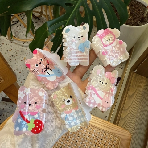 Simpatica Pinza per Capelli in Acrilico a Cartone Animato Animale Orso Gatto Cane Fragola Motivo Clip a Squalo per Donna Ragazze Accessori Capelli