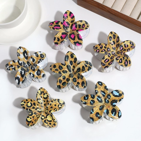 Women Fashion Leopard Print Flower Hair Claw Clip Plastic Floral Pattern Hair Shark Clip Daily Styling Headwear Accessory