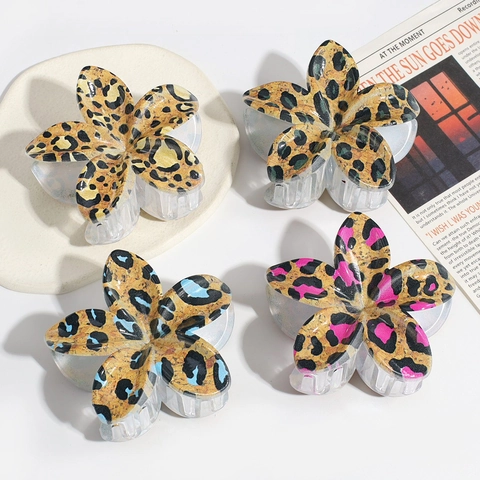 Women Fashion Leopard Print Flower Hair Claw Clip Plastic Floral Pattern Hair Shark Clip Daily Styling Headwear Accessory