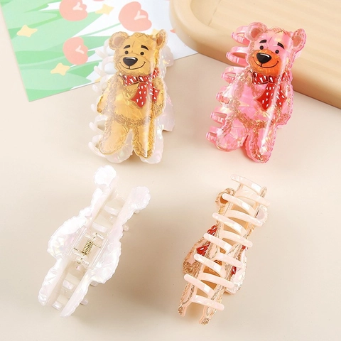 Cute Cartoon Bear Hair Claw Clip Pearlescent Iridescent Acrylic Shark Clip Sweet Heart Bow Hair Accessory For Women Girls