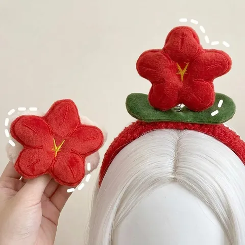 Linda Diadema de Flor de Peluche Roja Aro de Pelo de Vellón Suave Para Lavado de Cara Estilo de Año Nuevo Tocado Floral