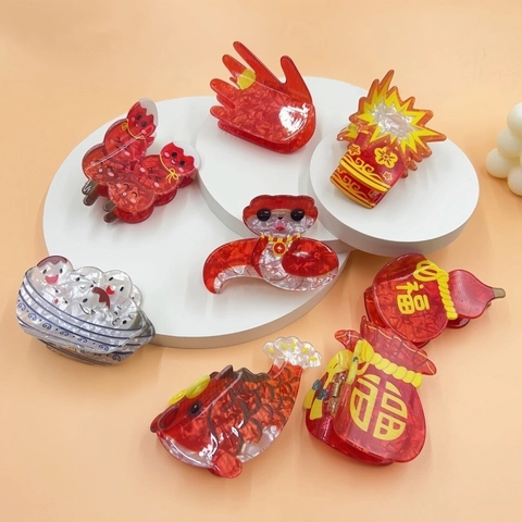 Acetaat Nieuwjaar Cartoon Haarklemmen Handgemaakt Feestelijk Koi Flespompoen Rode Envelop Dumpling Schattige Shark Clip Voor Dames