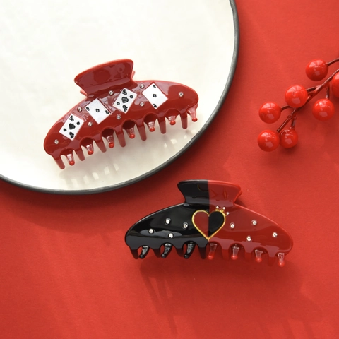 Creative Poker Heart Cellulose Acetate Hair Claw Large Shark Clip Rhinestone Fashion Hair Accessory For Women