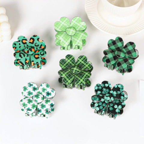 Süße Grüne Kleeblatt Blume Haarkralle Für Damen Modisch Karo Leopard Muster PVC Hai Haarklammer St Patrick's Day Geschenk
