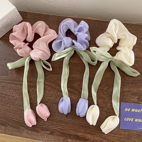 Dolce Elastico per Capelli a Tulipano Con Fiocco a Nastro Verde Lungo Ciondolo a Bocciolo Fatto a Mano Legatura per Capelli Donna