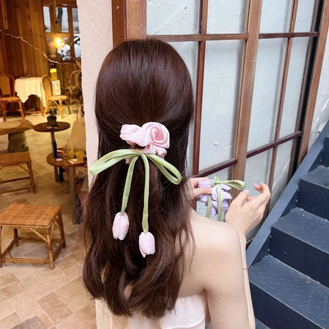 Dolce Elastico per Capelli a Tulipano Con Fiocco a Nastro Verde Lungo Ciondolo a Bocciolo Fatto a Mano Legatura per Capelli Donna