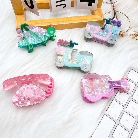 Creative Simulation Guitar Telephone Scooter Shapes Acrylic Hair Claw Clip Cartoon Marble Texture Shark Clip Fashion Hair Accessories For Women